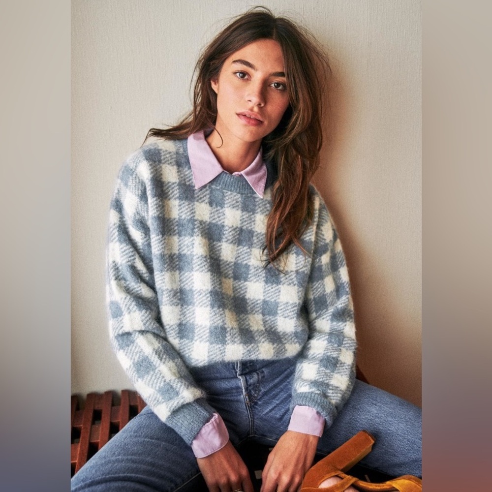 Sézane Becky Gingham Jumper Paris Baby Alpaca Sweater in Vintage Blue